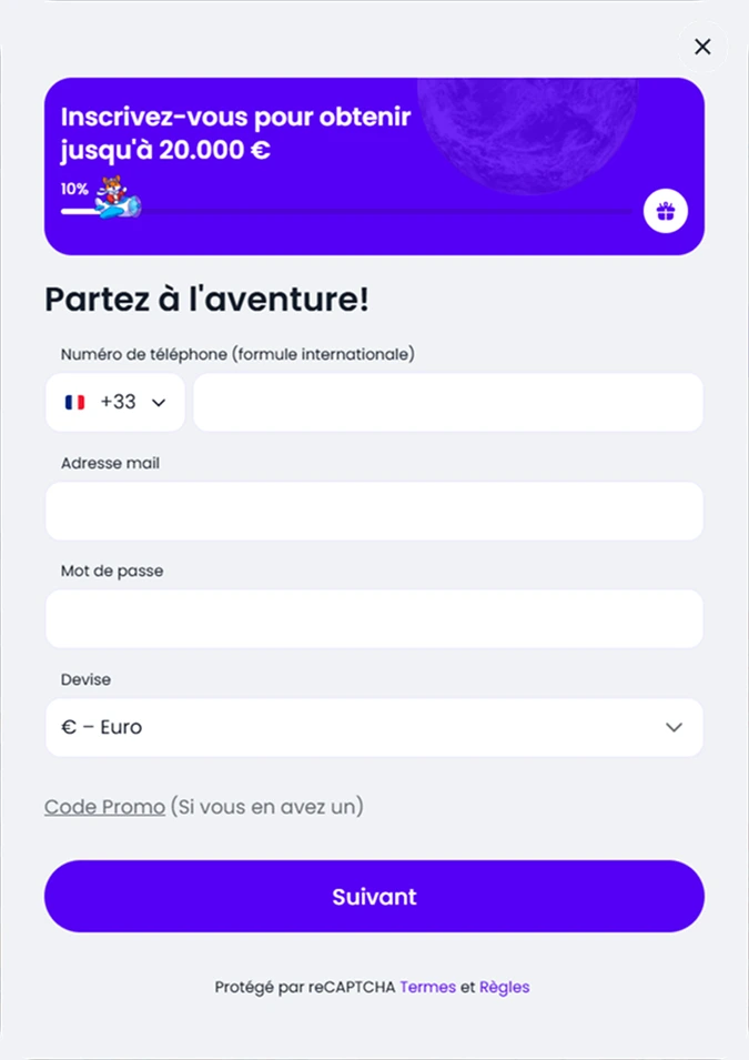 Formulaire d’inscription Slott avec numéro, mail et devise