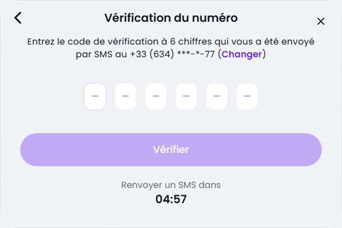 Vérification du numéro avec champ code à 6 chiffres