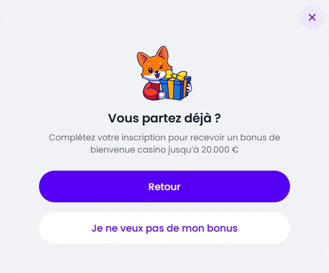 Pop-up bonus de départ avec mascotte Slott et bouton retour